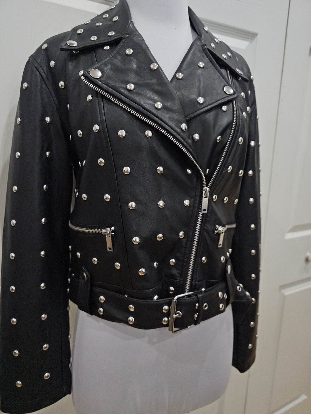 Forever 21 Punk Goth Black Silver Studded Faux Leather Zip Moto Jacket Coat S - Picture 8 of 12